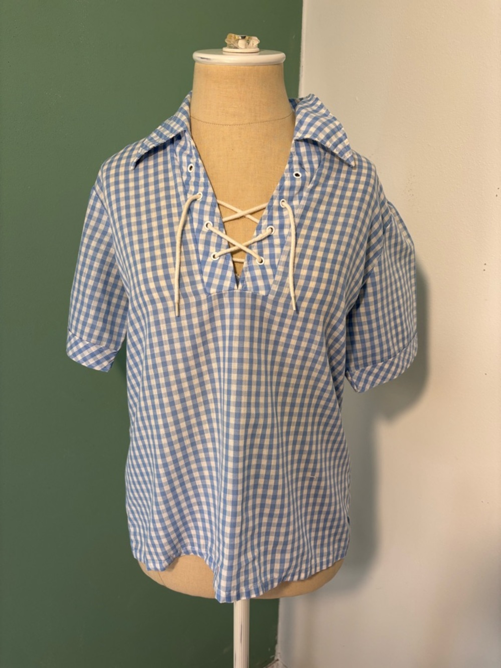 Vintage 1960’s Blue Gingham Lace-Up V-Neck Short Sleeve Blouse
